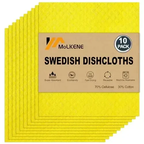 MoLKENE Swedish Dishcloths for Kitchen | 10 Pack Absorbent Cellulose Sponge Cloths Washable | Non-Scratch Reusable Paper Towels Quick Drying Cleaning Rag - Yellow - MOLKENE