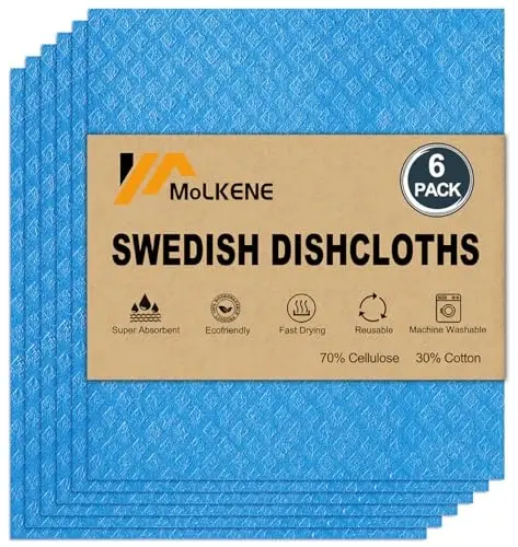 MoLKENE Swedish Dishcloths for Kitchen | 6 Pack Absorbent Cellulose Sponge Cloths Washable | Non-Scratch Reusable Paper Towels Quick Drying Cleaning Cloths - Blue 