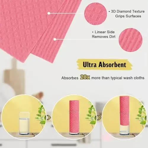 MoLKENE Swedish Dishcloths for Kitchen | 6 Pack Absorbent Cellulose Sponge Cloths Washable | Non-Scratch Reusable Paper Towels Quick Drying Cleaning Cloths - Pink - 3