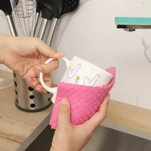 MoLKENE Swedish Dishcloths for Kitchen | 6 Pack Absorbent Cellulose Sponge Cloths Washable | Non-Scratch Reusable Paper Towels Quick Drying Cleaning Cloths - Pink - 5