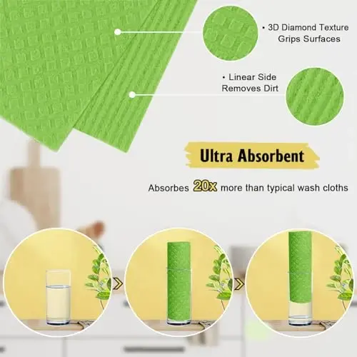 MoLKENE Swedish Dishcloths for Kitchen | 6 Pack Absorbent Cellulose Sponge Cloths Washable | Non-Scratch Reusable Paper Towels Quick Drying Cleaning Cloths - Lime Green - 3