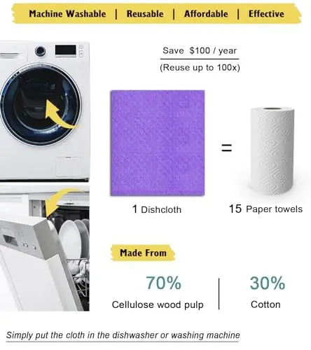 MoLKENE Swedish Dishcloths for Kitchen | 6 Pack Absorbent Cellulose Sponge Cloths Washable | Non-Scratch Reusable Paper Towels Quick Drying Cleaning Cloths - Purple - 4