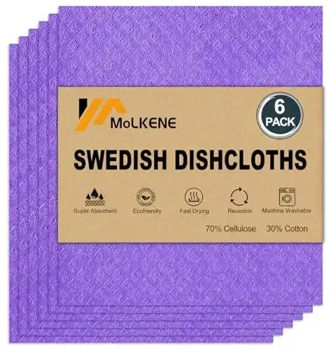 MoLKENE Swedish Dishcloths for Kitchen | 6 Pack Absorbent Cellulose Sponge Cloths Washable | Non-Scratch Reusable Paper Towels Quick Drying Cleaning Cloths - Purple - MOLKENE