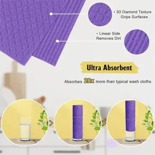MoLKENE Swedish Dishcloths for Kitchen | 6 Pack Absorbent Cellulose Sponge Cloths Washable | Non-Scratch Reusable Paper Towels Quick Drying Cleaning Cloths - Purple - 3