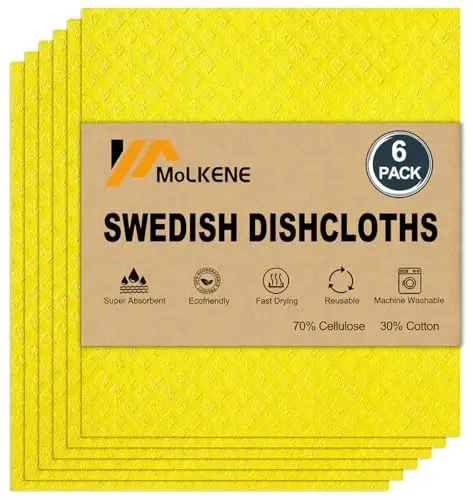 MoLKENE Swedish Dishcloths for Kitchen | 6 Pack Absorbent Cellulose Sponge Cloths Washable | Non-Scratch Reusable Paper Towels Quick Drying Cleaning Cloths - Yellow 