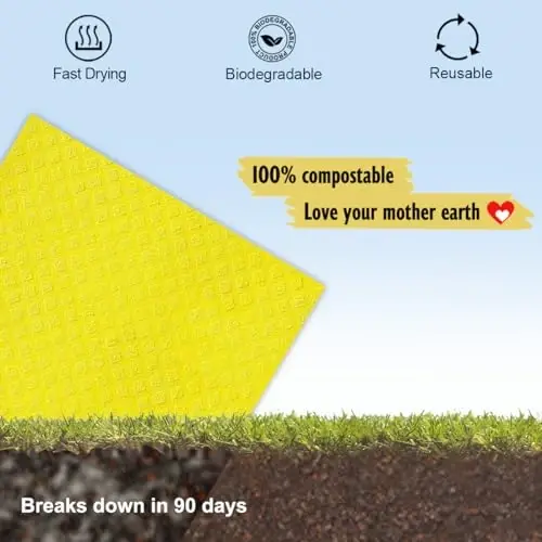 MoLKENE Swedish Dishcloths for Kitchen | 6 Pack Absorbent Cellulose Sponge Cloths Washable | Non-Scratch Reusable Paper Towels Quick Drying Cleaning Cloths - Yellow - 6