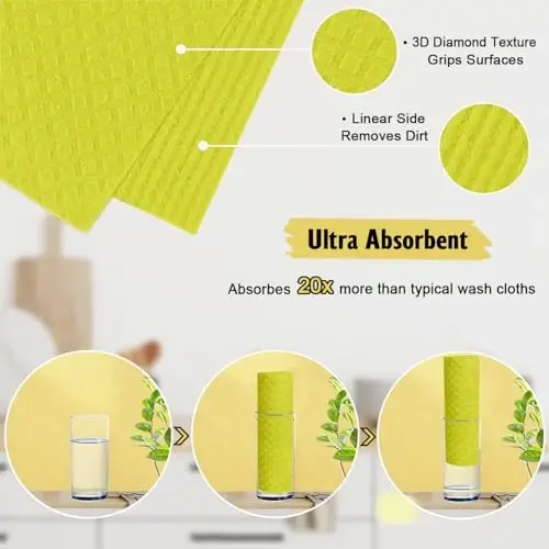 MoLKENE Oshxona uchun Shved latta | 10 dona absorbentli tsellyuloza gubka matolar Yuviladigan | Chizmaydigan qayta ishlatiladigan qog'oz sochiqlar Tez quriydigan tozalovchi lattalar - Sariq - 3