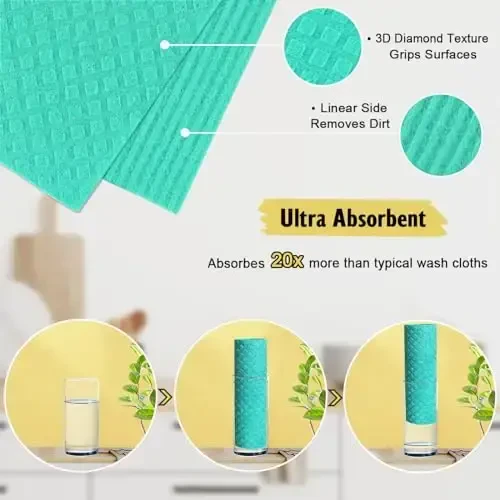 MoLKENE Shved dasturxonlari - 10 dona qayta ishlatiladigan oshxona dasturxonlari - Idishlarni yuvish uchun ultra yutuvchi dasturxonlar - Tsellyuloza gubka matoli tozalash matolari - Yashil - 3