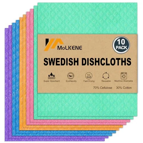 MoLKENE Swedish Dish Cloths - 10 Pack Reusable Kitchen Dishcloths - Ultra Absorbent Dish Towels for Washing Dishes - Cellulose Sponge Cloth Cleaning Rag - Assorted - MOLKENE