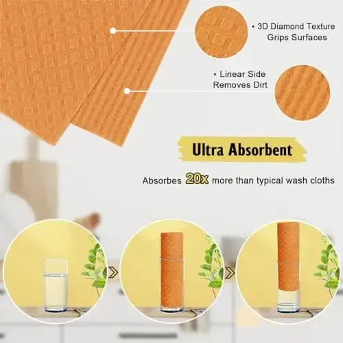 MoLKENE Swedish Dishcloths - 10 Pack Reusable Kitchen Dishcloths - Ultra Absorbent Dish Towels for Washing Dishes - Cellulose Sponge Cloth Cleaning Cloths - Orange - 3