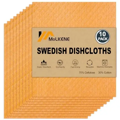 MoLKENE Swedish Dishcloths - 10 Pack Reusable Kitchen Dishcloths - Ultra Absorbent Dish Towels for Washing Dishes - Cellulose Sponge Cloth Cleaning Cloths - Orange 