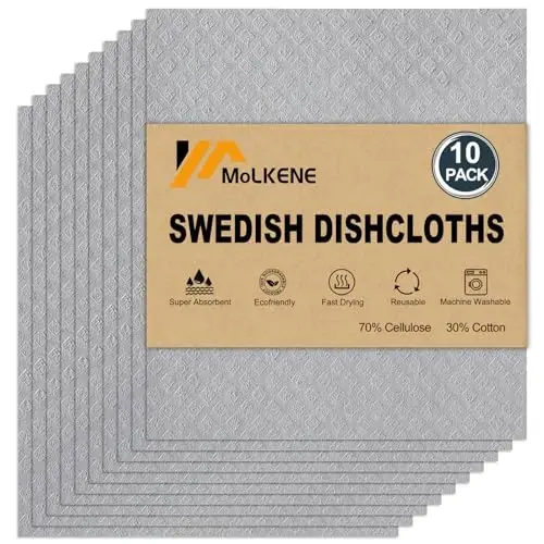 MoLKENE Swedish Dishcloths for Kitchen | 10 Pack Absorbent Cellulose Sponge Cloths Washable | Non-Scratch Reusable Paper Towels Quick Drying Cleaning Rag - Grey 