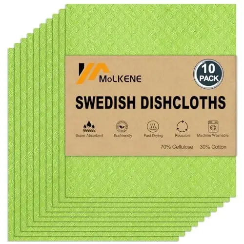 MoLKENE Swedish Dishcloths for Kitchen | 10 Pack Absorbent Cellulose Sponge Cloths Washable | Non-Scratch Reusable Paper Towels Quick Drying Cleaning Rag - Lime Green - MOLKENE