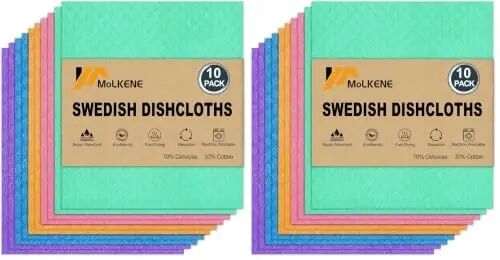 MoLKENE Swedish Dishcloths for Kitchen, 2 x 10-Pack, Assorted Colors | Reusable Paper Towels Washable, Non-Scratch Cellulose Sponge Cloths, Absorbent Cleaning Rag Dish Cloths, No Odor, 7.7” x 6.9” - MOLKENE