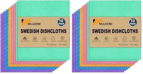 MoLKENE Swedish Dishcloths for Kitchen, 2 x 10-Pack, Assorted Colors | Reusable Paper Towels Washable, Non-Scratch Cellulose Sponge Cloths, Absorbent Cleaning Rag Dish Cloths, No Odor, 7.7” x 6.9” - 1