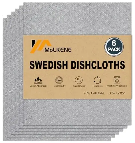 MoLKENE Swedish Dishcloths for Kitchen | 6 Pack Absorbent Cellulose Sponge Cloths Washable | Non-Scratch Reusable Paper Towels Quick Drying Cleaning Cloths - Grey 