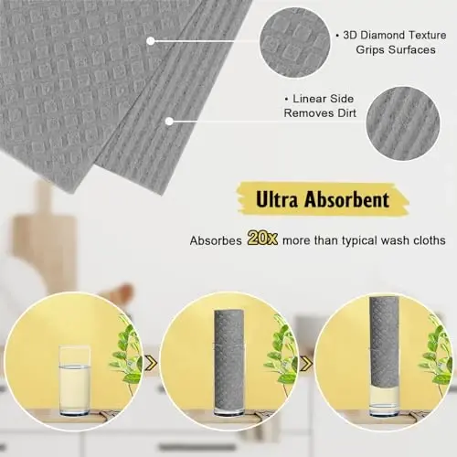 MoLKENE Swedish Dishcloths for Kitchen | 6 Pack Absorbent Cellulose Sponge Cloths Washable | Non-Scratch Reusable Paper Towels Quick Drying Cleaning Cloths - Grey - 4