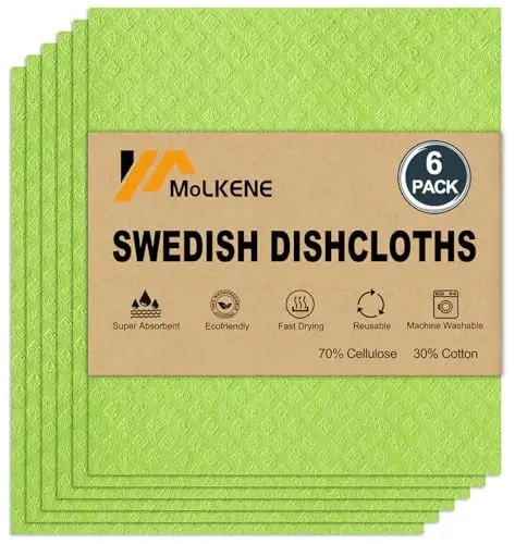 MoLKENE Swedish Dishcloths for Kitchen | 6 Pack Absorbent Cellulose Sponge Cloths Washable | Non-Scratch Reusable Paper Towels Quick Drying Cleaning Cloths - Lime Green 