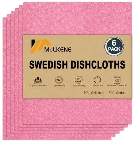 MoLKENE Swedish Dishcloths for Kitchen | 6 Pack Absorbent Cellulose Sponge Cloths Washable | Non-Scratch Reusable Paper Towels Quick Drying Cleaning Cloths - Pink 