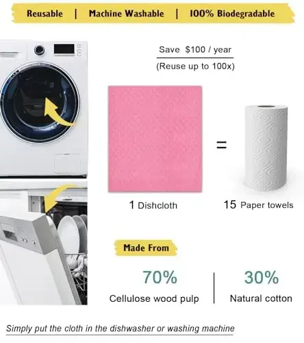 MoLKENE Swedish Dishcloths for Kitchen | 6 Pack Absorbent Cellulose Sponge Cloths Washable | Non-Scratch Reusable Paper Towels Quick Drying Cleaning Cloths - Pink - 4