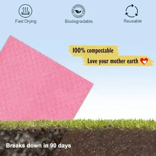 MoLKENE Swedish Dishcloths for Kitchen | 6 Pack Absorbent Cellulose Sponge Cloths Washable | Non-Scratch Reusable Paper Towels Quick Drying Cleaning Cloths - Pink - 6