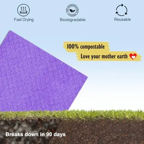 MoLKENE Swedish Dishcloths for Kitchen | 6 Pack Absorbent Cellulose Sponge Cloths Washable | Non-Scratch Reusable Paper Towels Quick Drying Cleaning Cloths - Purple - 5