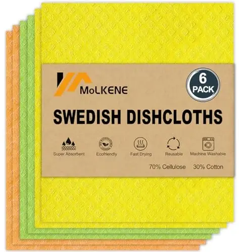 MoLKENE Swedish Dishcloths for Kitchen | 6 Pack Dish Towels Cellulose Sponge Cloths | Non-Scratch Reusable Paper Towels Washable | No Odor Fast Drying Swedish Cloths, Multicolor - 1