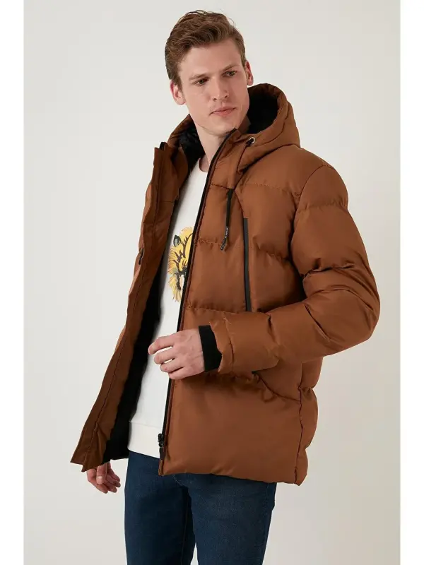 Молния Закрытие Slim Fit Капюшон Стойка Воротник Куртка 5717101-Коричневый - 2