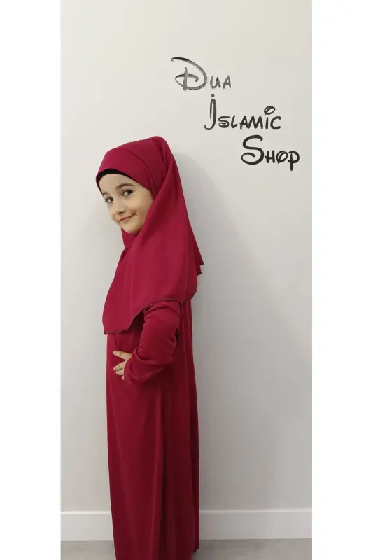 Mom Daughter One Piece Prayer Dress Combination Prayer Rug 2 Pieces (Sizes in Description)-Light Burgundy - 3