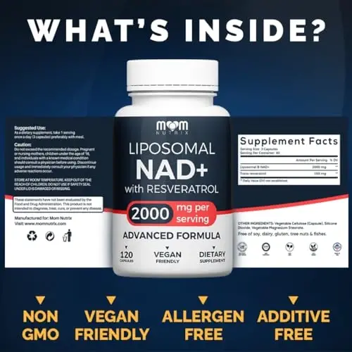 MOM NUTRIX Liposomal NAD Supplement with Resveratrol - High Purity NAD Plus 2000 mg, 120 Capsules, Made in The USA - NMN Alternative - 3