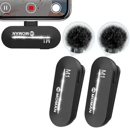 Moman Wireless Lavalier Microphone, 2 Pack USB-C Clip on Microphones for Video Recording, Mini Phone Mic for Type-C Android & iPhone 15 Interview YouTube Tiktok - 1