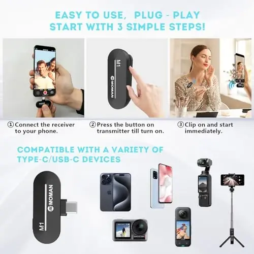 Moman Wireless Lavalier Microphone, USB-C Clip on Microphones for Video Recording, Mini Phone Mic for Interview YouTube Tiktok, Wireless Lepal Mic for iPhone 15, Android, Type-C Device - 4