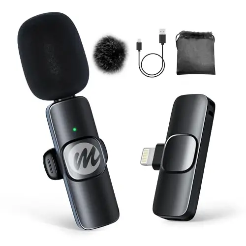 Moman Wireless Lavalier Microphone for iPhone, Clip on Microphone for Video Recording Interview Podcast Vlog YouTube, Wireless-lavalier-Mic-iPhone-Recording 