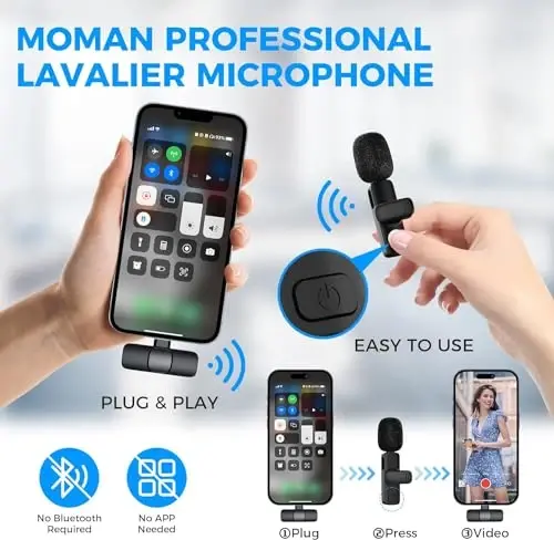 Moman Wireless Lavalier Microphone for iPhone, Clip on Microphone for Video Recording Interview Podcast Vlog YouTube, Wireless-lavalier-Mic-iPhone-Recording - 4