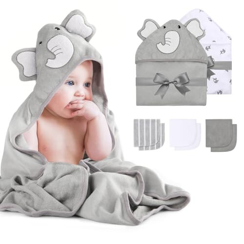 Momcozy Baby Hooded Towel, 8-Piece Bath for Boys or Girls, Washcloth Set with Cute Design, Shower Towel Gift for Newborns, Infants and Toddlers - 1