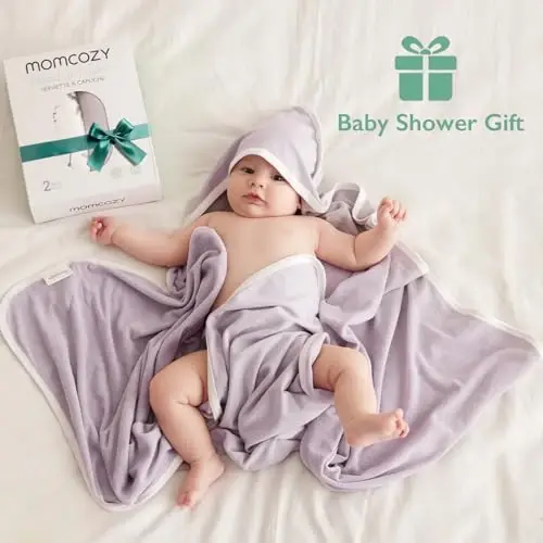 Momcozy Baby Hooded Towel-Paxtadan tayyorlangan, yangi tug'ilgan chaqaloq dushi uchun sovg'alar uchun mos, 2 dona (1 dona), 28 X 28 dyuym, siyohli barglar - 4