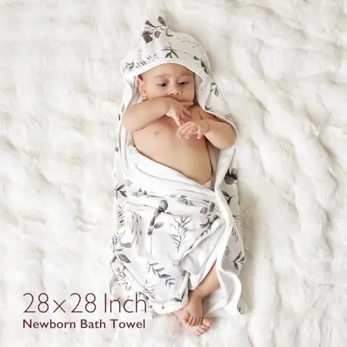 Momcozy Baby Hooded Towel-Paxtadan tayyorlangan, yangi tug'ilgan chaqaloq dushi uchun sovg'alar uchun mos, 2 dona (1 dona), 28 X 28 dyuym, siyohli barglar 