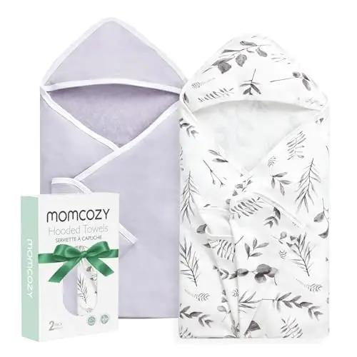 Momcozy Baby Hooded Towel-Paxtadan tayyorlangan, yangi tug'ilgan chaqaloq dushi uchun sovg'alar uchun mos, 2 dona (1 dona), 28 X 28 dyuym, siyohli barglar 