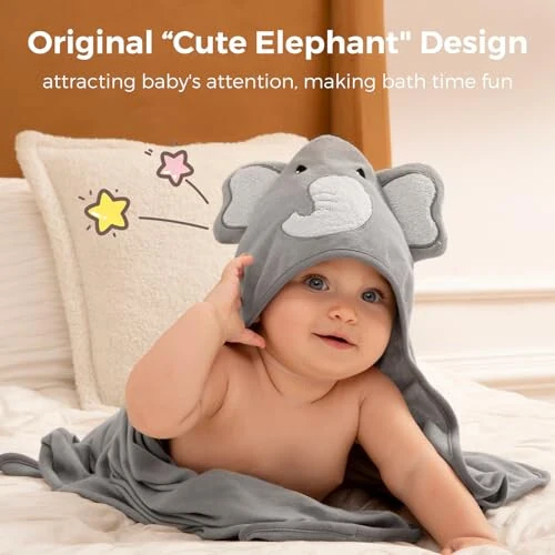 Momcozy Cute Elephant Hooded Baby Towel- 8 Piece Bath Essential, 2 x Towels and 6 x Wash Cloth Set- Perfect Shower Gift for Boys or Girls - Soft and Comfort for Newborn, Infant and Toddler - MODAZONE (1)