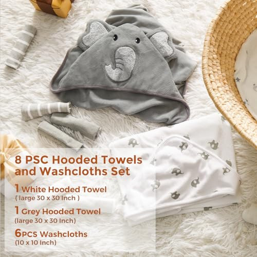 Momcozy Baby Hooded Towel, 8-Piece Bath for Boys or Girls, Washcloth Set with Cute Design, Shower Towel Gift for Newborns, Infants and Toddlers - 5