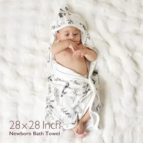 Momcozy Baby Hooded Towel-Made from Cotton, Suitable for Newborn Shower Gifts, 2 Count (Pack of 1), 28 X 28 Inch, Ink Wash Leaves - 6