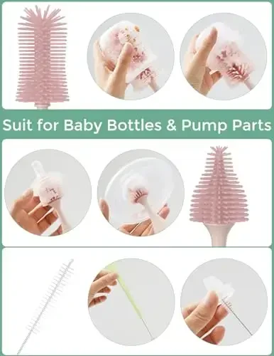 Momcozy Bottle Brush Kit, Innovative Push-Press Design for Better Cleaning - Baby Bottle Cleaner Brush for Baby Bottle, Breast Pumps, Nipples, and More - Can Generate Foam for Better Cleaning, Pink - 3