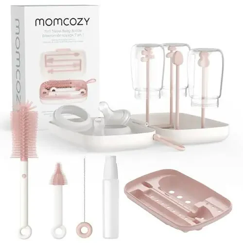 Momcozy Baby Bottle Brush Set, Cleaner Kit with Silicone Nipple Straw Brush, Soap Dispenser, Drying Rack - 7 in 1 Bottle Cleaning Tool for Home and Travel, Pink - 1