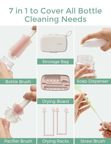 Momcozy Baby Bottle Brush Set, Cleaner Kit with Silicone Nipple Straw Brush, Soap Dispenser, Drying Rack - 7 in 1 Bottle Cleaning Tool for Home and Travel, Pink - Momcozy (1)