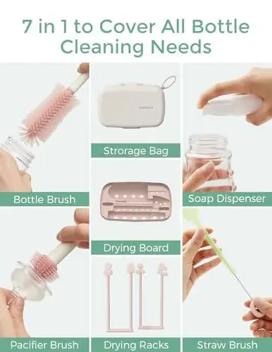 Momcozy Baby Bottle Brush Set, Cleaner Kit with Silicone Nipple Straw Brush, Soap Dispenser, Drying Rack - 7 in 1 Bottle Cleaning Tool for Home and Travel, Pink - 2