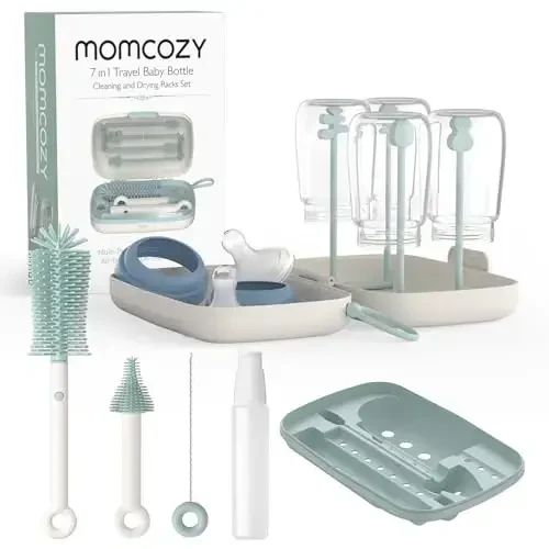 Momcozy Bottle Brush Set - Baby Bottle Cleaner Kit with Silicone Brush, Nipple Brush, Straw Brush, Soap Dispenser, Drying Rack - 7 in 1 Bottle Cleaning Tool for Home and Travel, Green - MOMCOZY