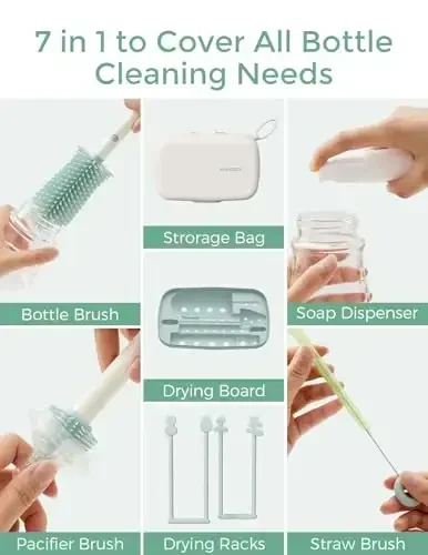 Momcozy Bottle Brush Set - Baby Bottle Cleaner Kit with Silicone Brush, Nipple Brush, Straw Brush, Soap Dispenser, Drying Rack - 7 in 1 Bottle Cleaning Tool for Home and Travel, Green - 5