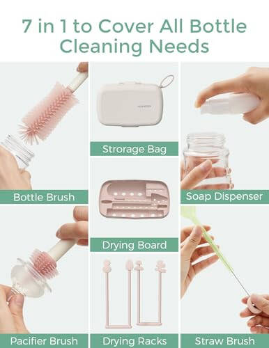 Momcozy Bottle Brush Set - Chaqaloqlar uchun butilka tozalash vositasi, silikon cho'tka, so'rg'ich cho'tkasi, somon cho'tkasi, sovun dispenseri, quritish tokchasi - Uy va sayohat uchun 7 tasi 1 da butilka tozalash vositasi, pushti - 2