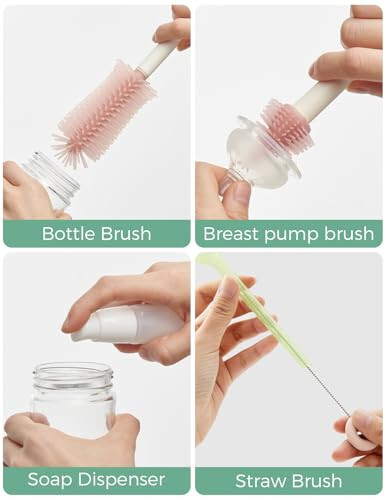 Momcozy Bottle Brush Set - Chaqaloqlar uchun butilka tozalash vositasi, silikon cho'tka, so'rg'ich cho'tkasi, somon cho'tkasi, sovun dispenseri, quritish tokchasi - Uy va sayohat uchun 7 tasi 1 da butilka tozalash vositasi, pushti - 5
