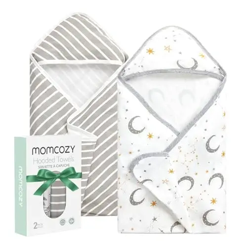 Momcozy капюшоны билан чақалоқ сочиғи, 2 талик катта 35 X 35 дюймли чақалоқ ванна сочиғи, янги туғилган чақалоқлар, ўйинчоқлар ва болалар учун ўта юмшоқ пахта ва капюшонли сочиқ, Юлдузли осмон - 1